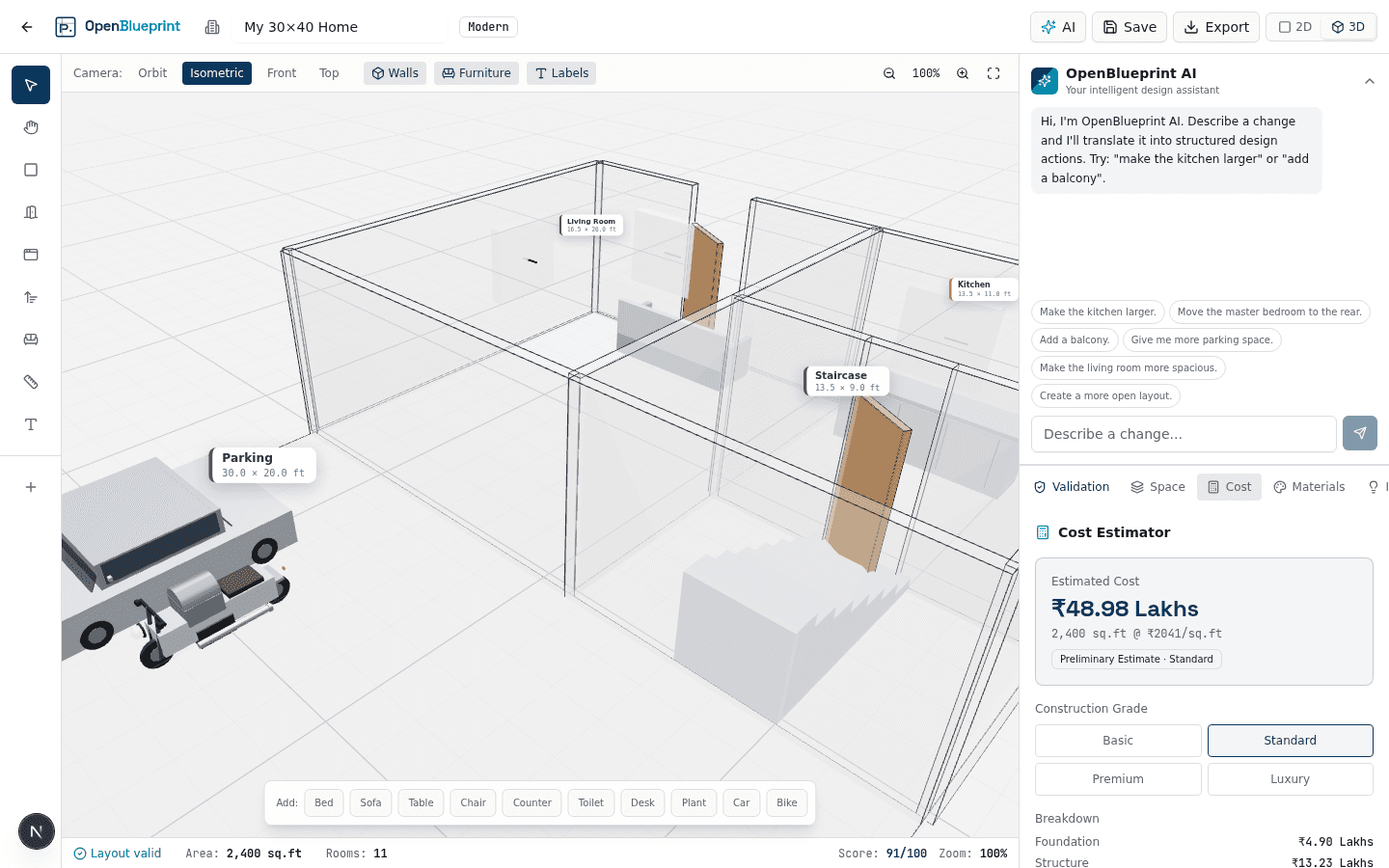 OpenBlueprint construction cost estimator